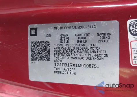 2021 Chevrolet Camaro Rwd 1Lt from USA, damaged, VIN 1G1FB1RX1M0108751